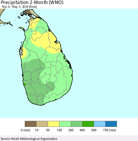 Sri Lanka Precipitation 2-Month (WMO) Thematic Map For 3/6/2024 - 5/5/2024