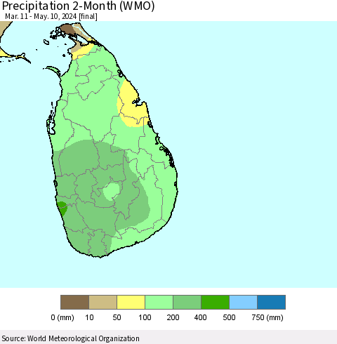 Sri Lanka Precipitation 2-Month (WMO) Thematic Map For 3/11/2024 - 5/10/2024