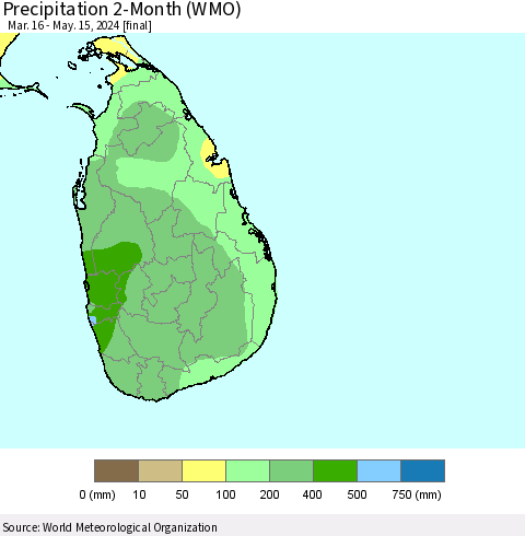 Sri Lanka Precipitation 2-Month (WMO) Thematic Map For 3/16/2024 - 5/15/2024