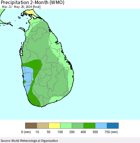 Sri Lanka Precipitation 2-Month (WMO) Thematic Map For 3/21/2024 - 5/20/2024