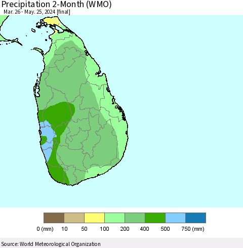 Sri Lanka Precipitation 2-Month (WMO) Thematic Map For 3/26/2024 - 5/25/2024
