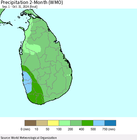 Sri Lanka Precipitation 2-Month (WMO) Thematic Map For 9/1/2024 - 10/31/2024