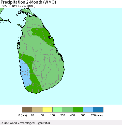 Sri Lanka Precipitation 2-Month (WMO) Thematic Map For 9/16/2024 - 11/15/2024
