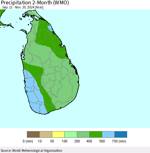 Sri Lanka Precipitation 2-Month (WMO) Thematic Map For 9/21/2024 - 11/20/2024