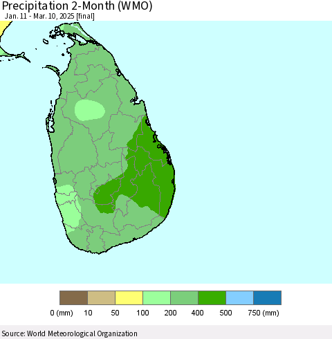 Sri Lanka Precipitation 2-Month (WMO) Thematic Map For 1/11/2025 - 3/10/2025
