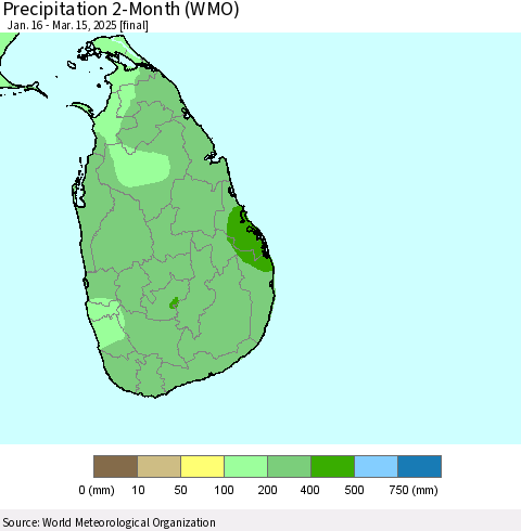 Sri Lanka Precipitation 2-Month (WMO) Thematic Map For 1/16/2025 - 3/15/2025