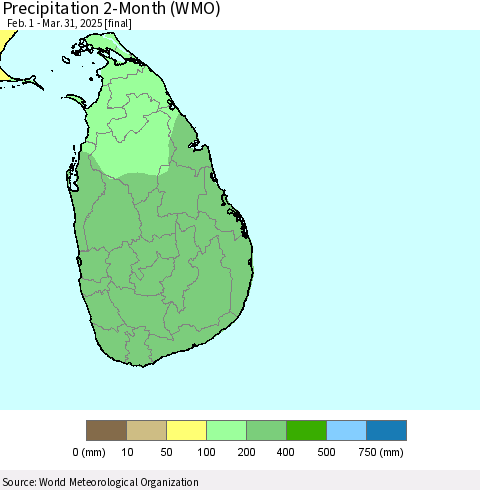 Sri Lanka Precipitation 2-Month (WMO) Thematic Map For 2/1/2025 - 3/31/2025
