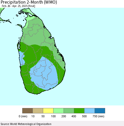 Sri Lanka Precipitation 2-Month (WMO) Thematic Map For 2/26/2025 - 4/25/2025