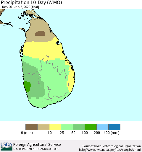 Sri Lanka Precipitation 10-Day (WMO) Thematic Map For 12/26/2019 - 1/5/2020