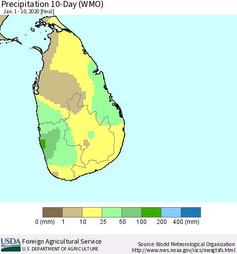 Sri Lanka Precipitation 10-Day (WMO) Thematic Map For 1/1/2020 - 1/10/2020