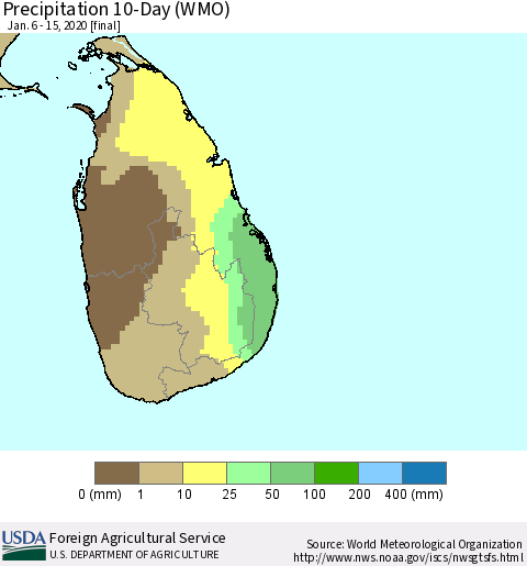 Sri Lanka Precipitation 10-Day (WMO) Thematic Map For 1/6/2020 - 1/15/2020
