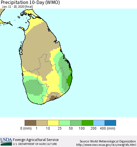 Sri Lanka Precipitation 10-Day (WMO) Thematic Map For 1/11/2020 - 1/20/2020