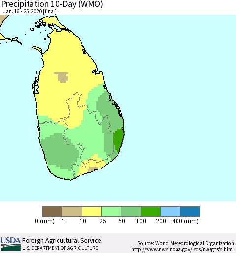Sri Lanka Precipitation 10-Day (WMO) Thematic Map For 1/16/2020 - 1/25/2020