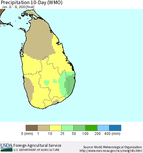 Sri Lanka Precipitation 10-Day (WMO) Thematic Map For 1/21/2020 - 1/31/2020