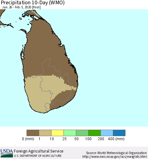 Sri Lanka Precipitation 10-Day (WMO) Thematic Map For 1/26/2020 - 2/5/2020