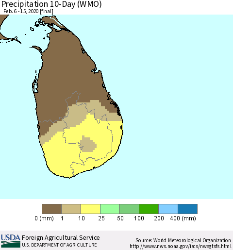 Sri Lanka Precipitation 10-Day (WMO) Thematic Map For 2/6/2020 - 2/15/2020