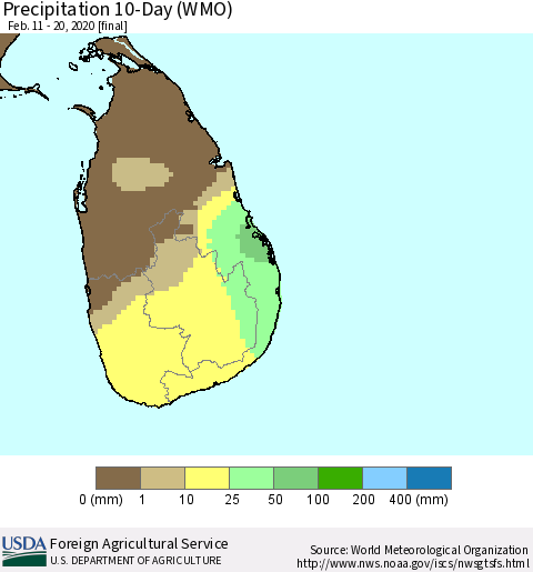 Sri Lanka Precipitation 10-Day (WMO) Thematic Map For 2/11/2020 - 2/20/2020