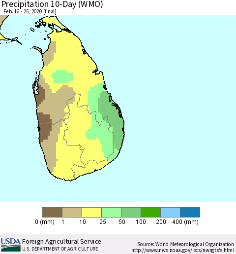 Sri Lanka Precipitation 10-Day (WMO) Thematic Map For 2/16/2020 - 2/25/2020