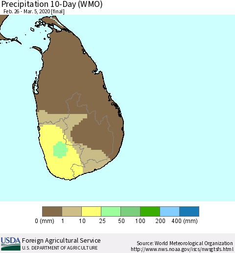 Sri Lanka Precipitation 10-Day (WMO) Thematic Map For 2/26/2020 - 3/5/2020