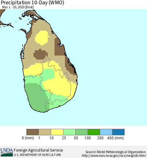 Sri Lanka Precipitation 10-Day (WMO) Thematic Map For 3/1/2020 - 3/10/2020