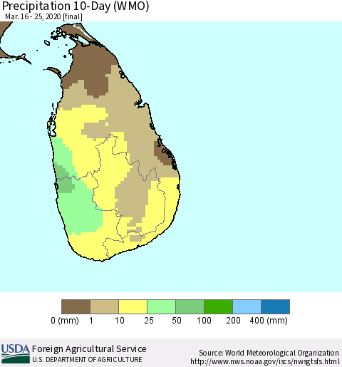 Sri Lanka Precipitation 10-Day (WMO) Thematic Map For 3/16/2020 - 3/25/2020