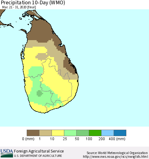 Sri Lanka Precipitation 10-Day (WMO) Thematic Map For 3/21/2020 - 3/31/2020