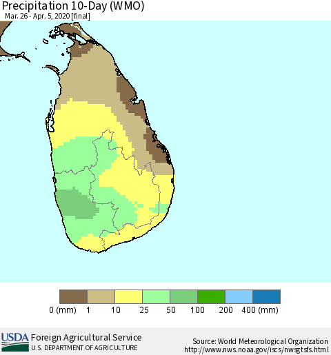 Sri Lanka Precipitation 10-Day (WMO) Thematic Map For 3/26/2020 - 4/5/2020