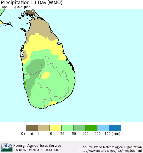 Sri Lanka Precipitation 10-Day (WMO) Thematic Map For 4/1/2020 - 4/10/2020