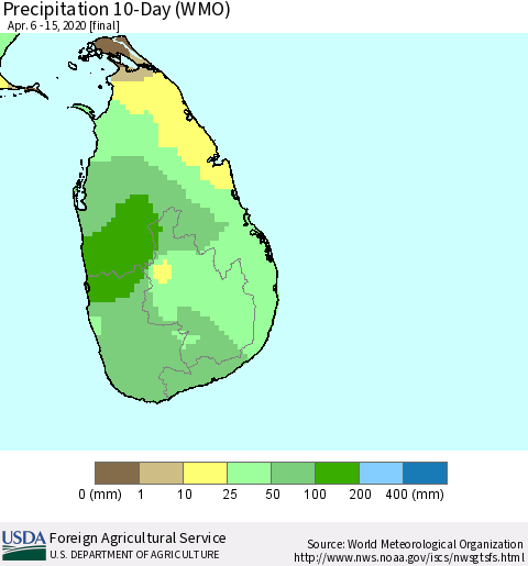 Sri Lanka Precipitation 10-Day (WMO) Thematic Map For 4/6/2020 - 4/15/2020