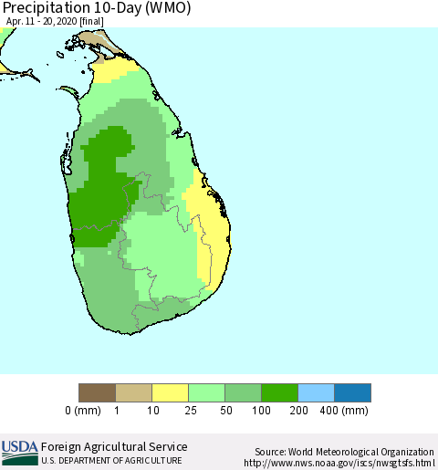 Sri Lanka Precipitation 10-Day (WMO) Thematic Map For 4/11/2020 - 4/20/2020