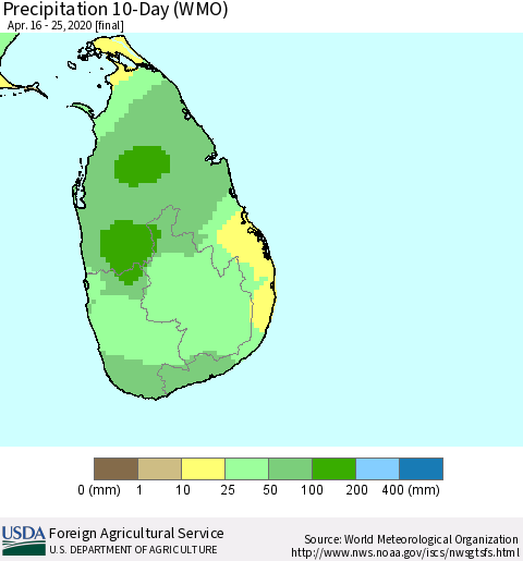 Sri Lanka Precipitation 10-Day (WMO) Thematic Map For 4/16/2020 - 4/25/2020