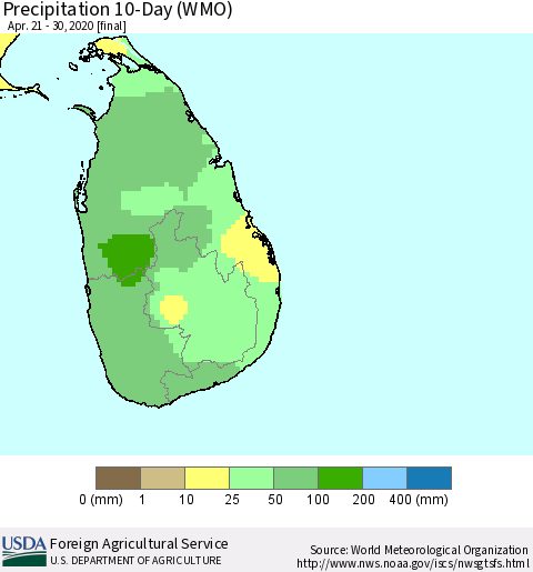 Sri Lanka Precipitation 10-Day (WMO) Thematic Map For 4/21/2020 - 4/30/2020