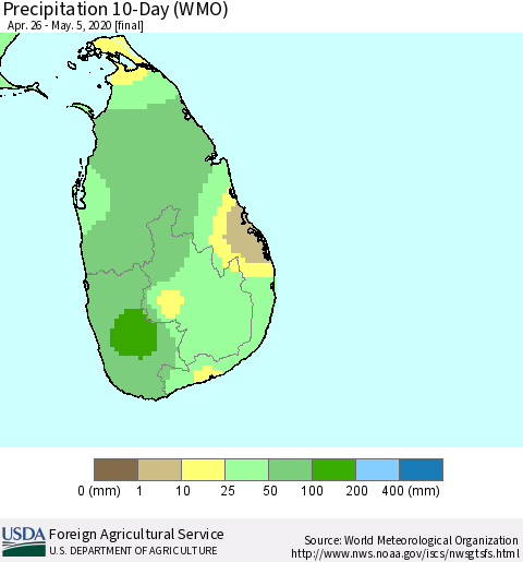 Sri Lanka Precipitation 10-Day (WMO) Thematic Map For 4/26/2020 - 5/5/2020