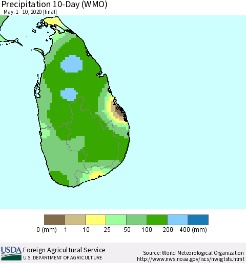 Sri Lanka Precipitation 10-Day (WMO) Thematic Map For 5/1/2020 - 5/10/2020