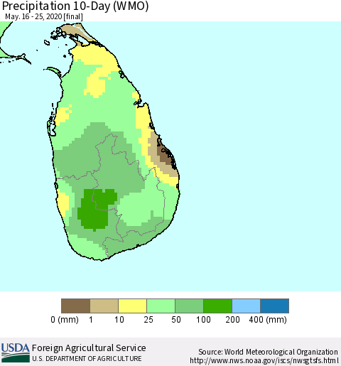 Sri Lanka Precipitation 10-Day (WMO) Thematic Map For 5/16/2020 - 5/25/2020
