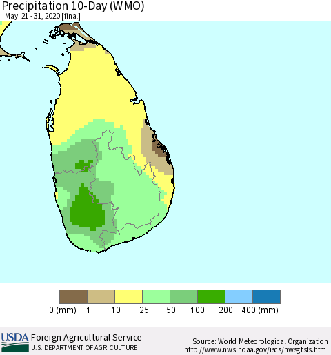 Sri Lanka Precipitation 10-Day (WMO) Thematic Map For 5/21/2020 - 5/31/2020