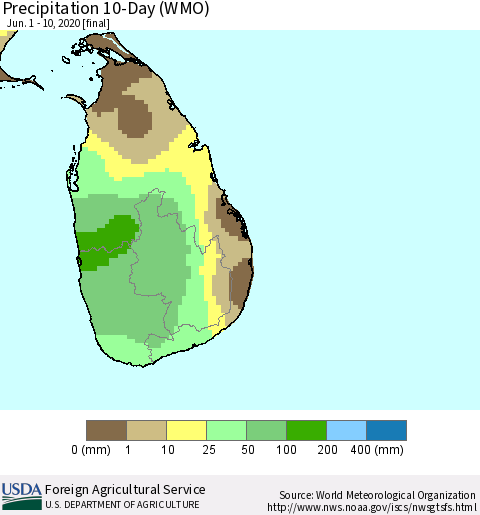 Sri Lanka Precipitation 10-Day (WMO) Thematic Map For 6/1/2020 - 6/10/2020