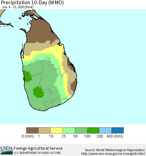 Sri Lanka Precipitation 10-Day (WMO) Thematic Map For 6/6/2020 - 6/15/2020