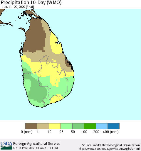 Sri Lanka Precipitation 10-Day (WMO) Thematic Map For 6/11/2020 - 6/20/2020