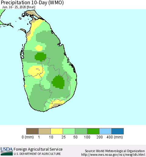 Sri Lanka Precipitation 10-Day (WMO) Thematic Map For 6/16/2020 - 6/25/2020