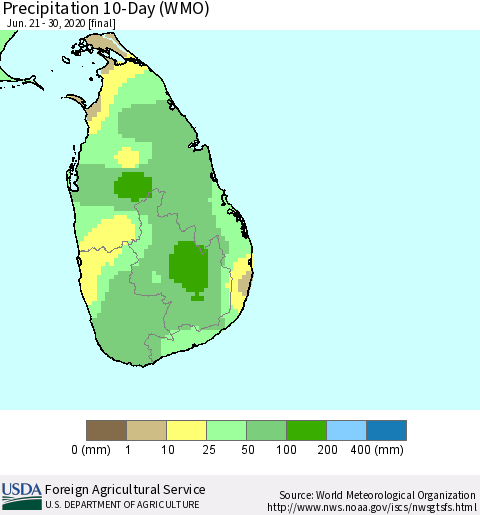 Sri Lanka Precipitation 10-Day (WMO) Thematic Map For 6/21/2020 - 6/30/2020