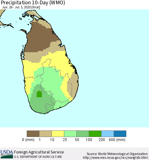 Sri Lanka Precipitation 10-Day (WMO) Thematic Map For 6/26/2020 - 7/5/2020