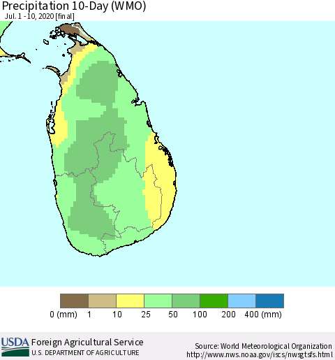 Sri Lanka Precipitation 10-Day (WMO) Thematic Map For 7/1/2020 - 7/10/2020