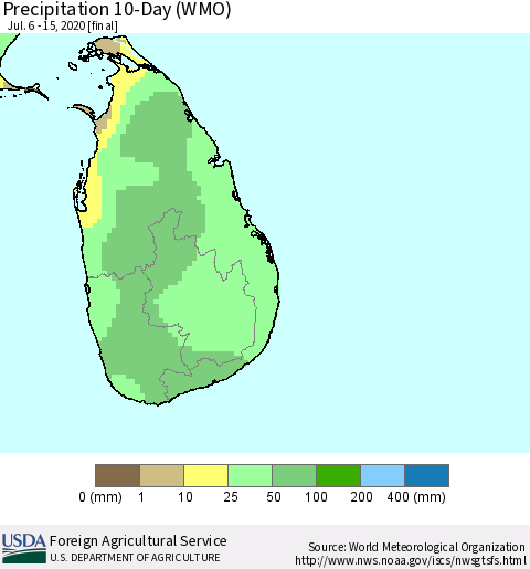Sri Lanka Precipitation 10-Day (WMO) Thematic Map For 7/6/2020 - 7/15/2020