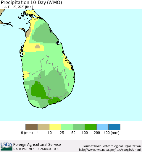 Sri Lanka Precipitation 10-Day (WMO) Thematic Map For 7/11/2020 - 7/20/2020