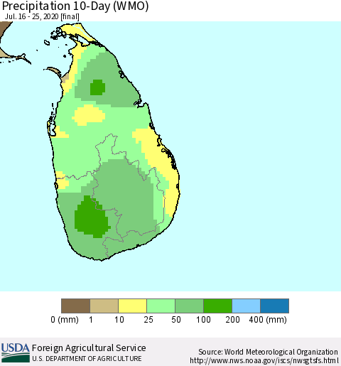 Sri Lanka Precipitation 10-Day (WMO) Thematic Map For 7/16/2020 - 7/25/2020