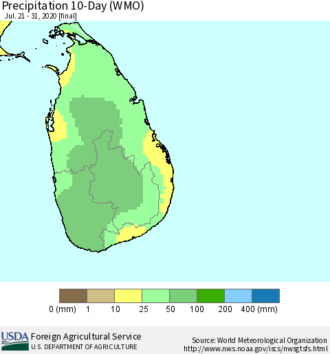 Sri Lanka Precipitation 10-Day (WMO) Thematic Map For 7/21/2020 - 7/31/2020
