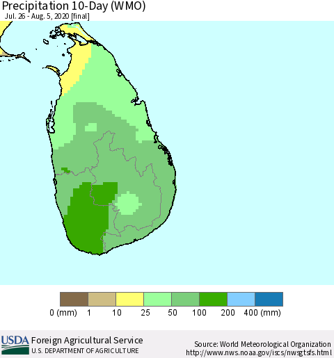 Sri Lanka Precipitation 10-Day (WMO) Thematic Map For 7/26/2020 - 8/5/2020