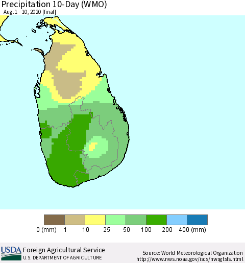 Sri Lanka Precipitation 10-Day (WMO) Thematic Map For 8/1/2020 - 8/10/2020
