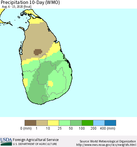 Sri Lanka Precipitation 10-Day (WMO) Thematic Map For 8/6/2020 - 8/15/2020